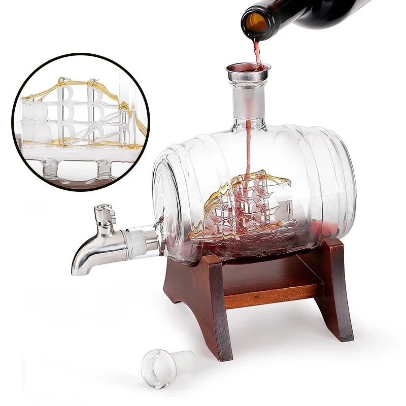 Whiskey Decanter Set Wine Aerator Decanter 1000ml Creative Barrel Shape Wine Dispenser Glass Wine Bottle Holder Whiskey Glass Set Decanter Hand Blown