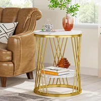 LITTLE TREE Table d'appoint ronde, table d'appoint moderne à 2 niveaux en or blanc avec étagères, pour chambre à coucher, salon (1, blanc et or) 1