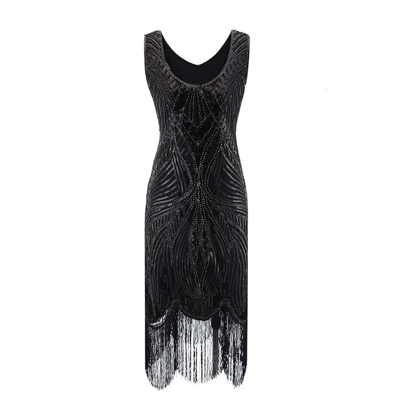 

Women 1920s Flapper Dress Art Deco Great Gatsby Dress Vestidos V-Neck Sleeveless Flower Embroidered Tiered Fringe Sequin Dress