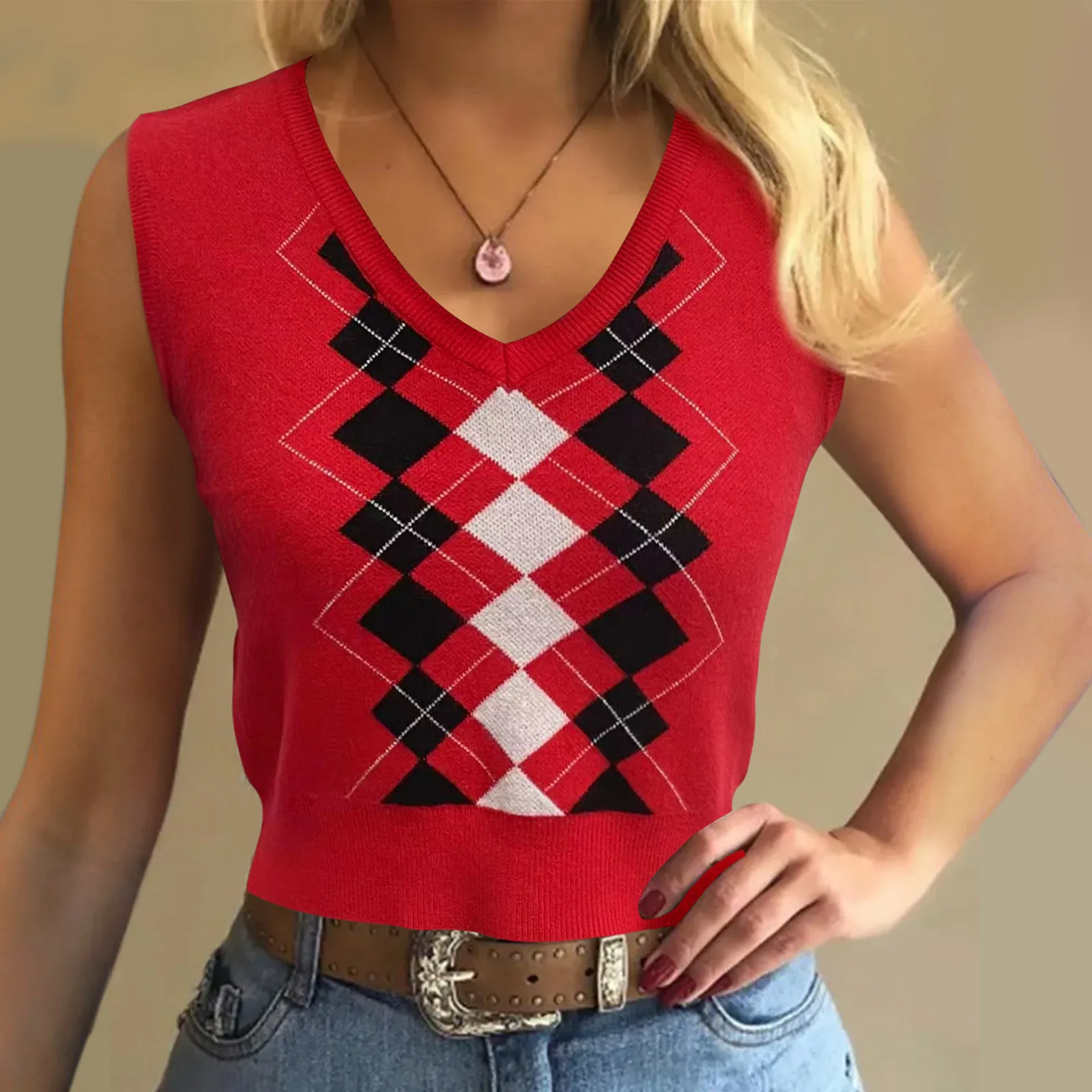 

Women's Fashion Casual Tank Top Temperament Sexy Plaid Print College Style V-Neck Sleeveless Sweater Vest Knitwears