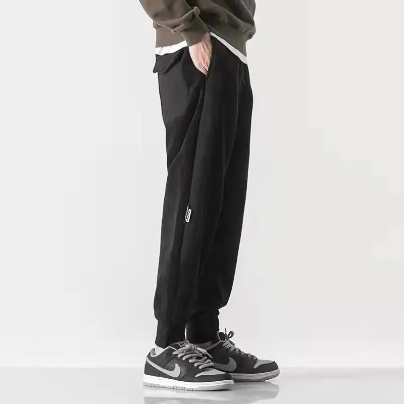 Spring New Corduroy Loose Casual Pants Men's Solid Patchwork Embroidery Letter Elastic Waist Drawstring Pocket Straight Trousers