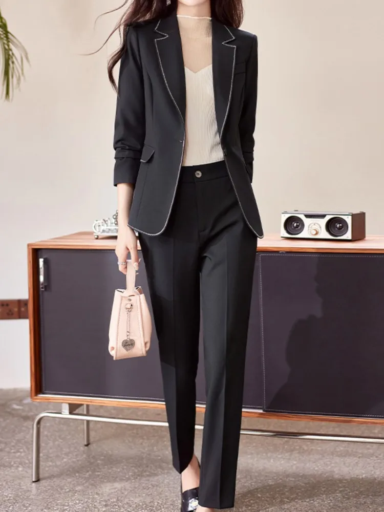 Fashion Korean Women Business Office Trousers Suit Vintage Casual Solid Blazer Jackets Pencil Pants 2 Pieces Set Female Pantsuit