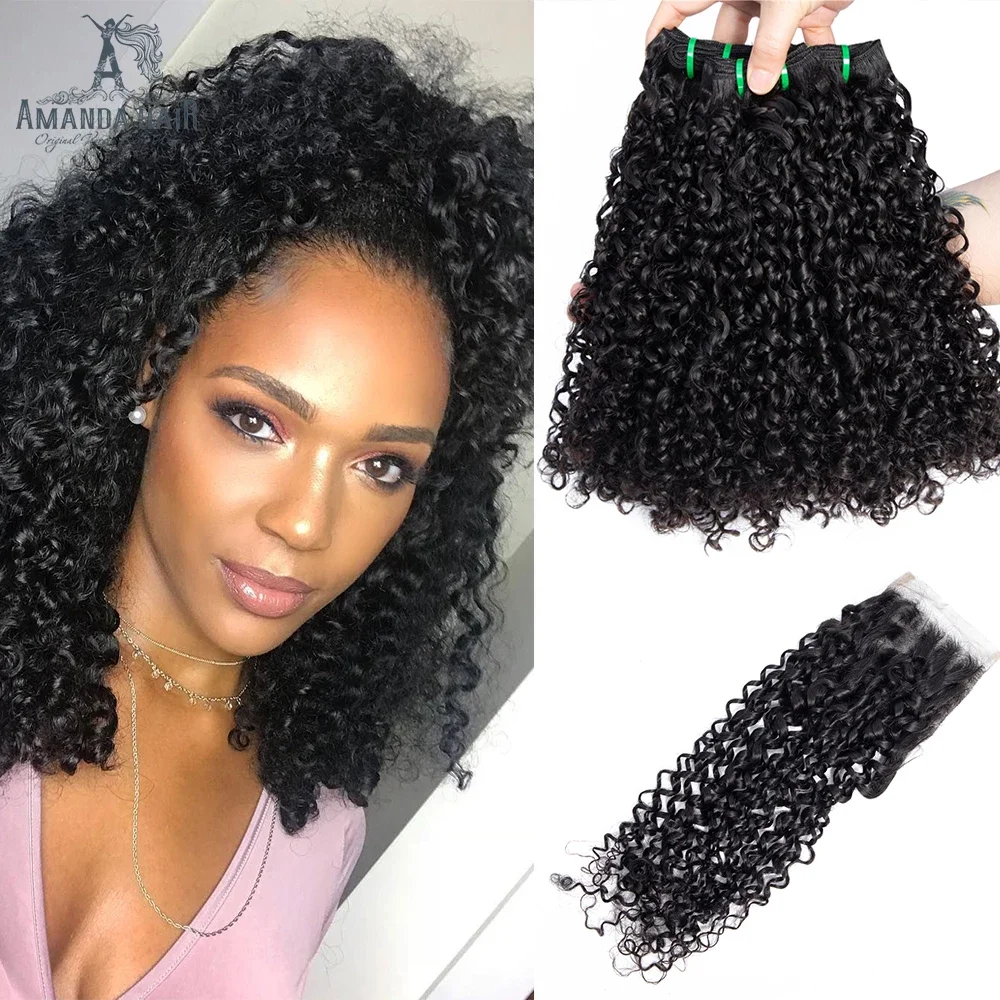 Amanda Funmi Pixie Curly Hair Bundles with Closure Double Drawn Human Hair Unprocessed Virgin Brazilian Hair Bundle with Closure