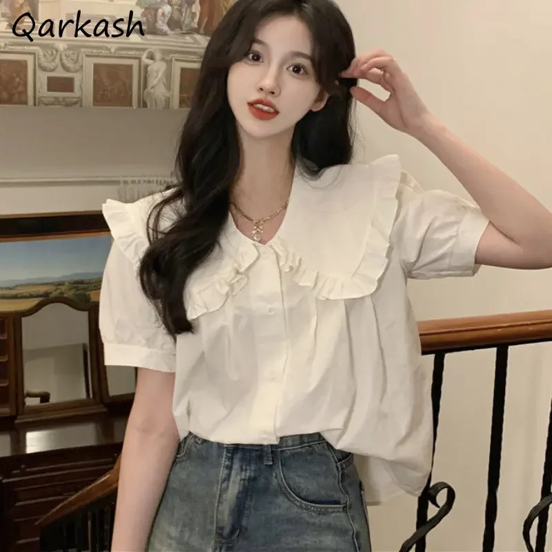 

Peter Pan Collar Shirts Women Baggy Aesthetic Elegant Summer Casual Holiday Streetwear French Style Lady Dating Basics Tender