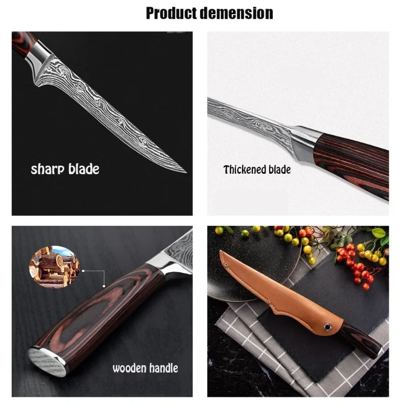 Kitchen Boning Knife Damascus Laser Pattern Butcher Knife Stainless Steel Bone Meat Fish Fruit Vegetables Chef with Cover kitchen knife