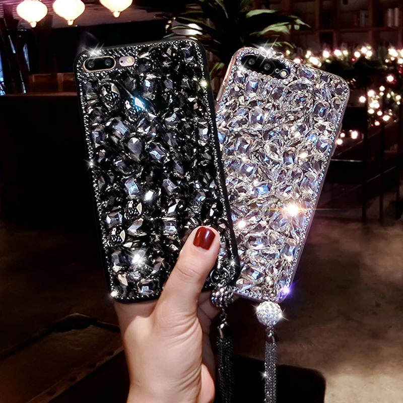 

Bling Crystal Black Diamond Pendant Case for Xiaomi Redmi Note 10 Pro Note 9 Pro Max Note 8 8 Pro 8T 7 6 Pro 5 Rhinestone Cover