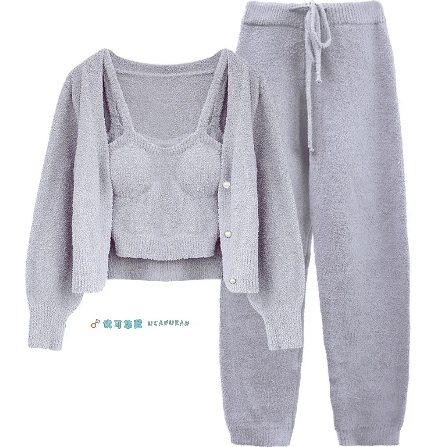 Autumn and winter Soft pajamas sweet temperament solid color three-piece warm thickened knitted home wear with chest cushion