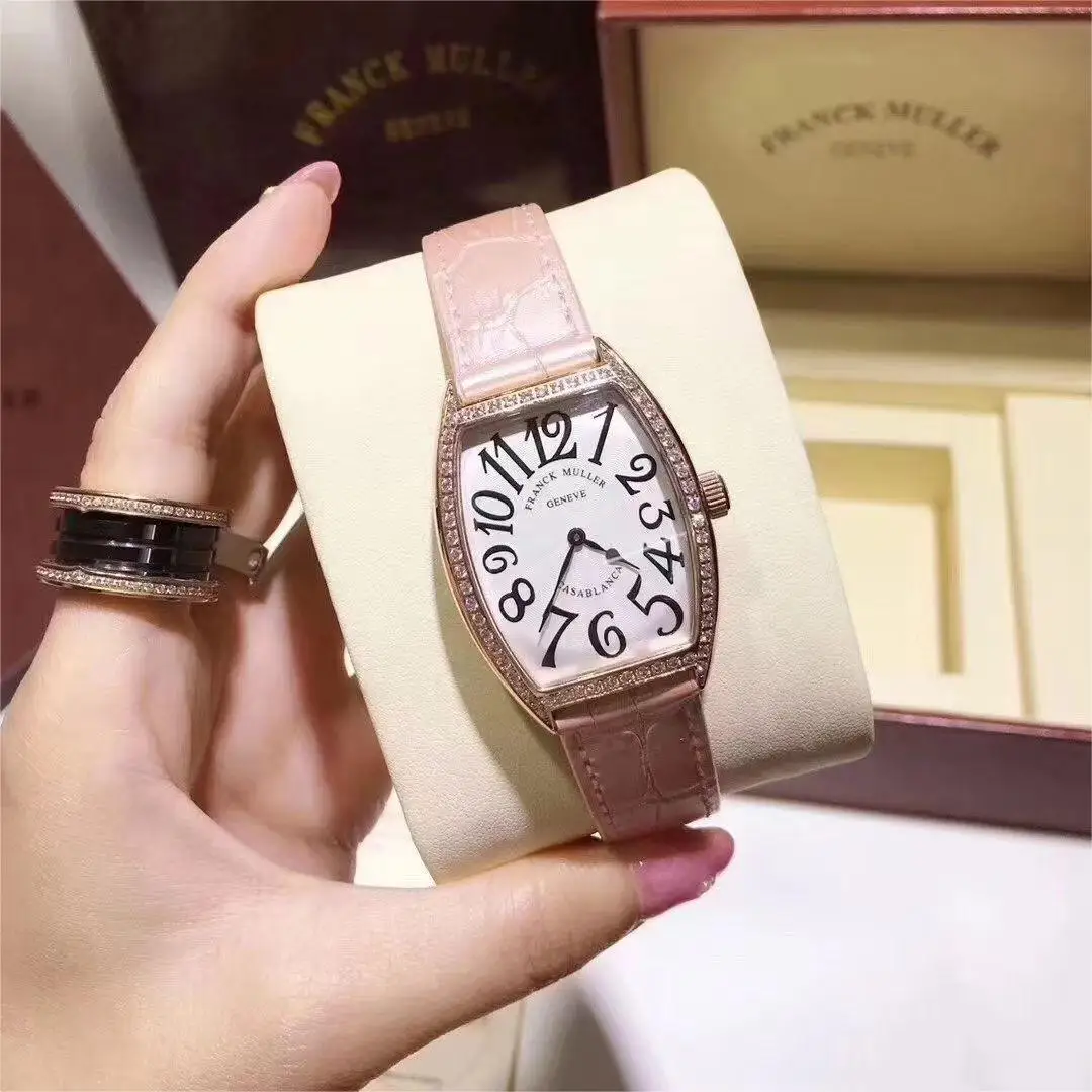 FRANCK MULLER Watch Womens Top Original Quartz Movement Luxury Diamond Inlaid Case Simple and Magnificent Cowhide Strap Bracelet
