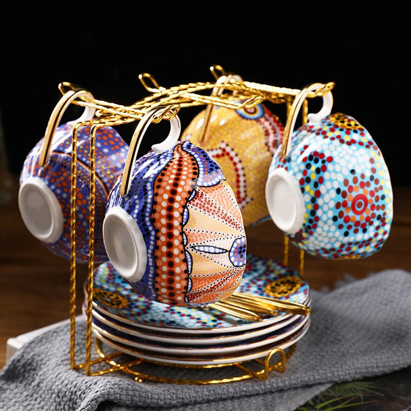 Metal Coffee Cup And Saucer Display Rack Hold 6 Coffee Cups 6 Plates Kitchen Draining Rack Modern Mug Holder Countertop Stand