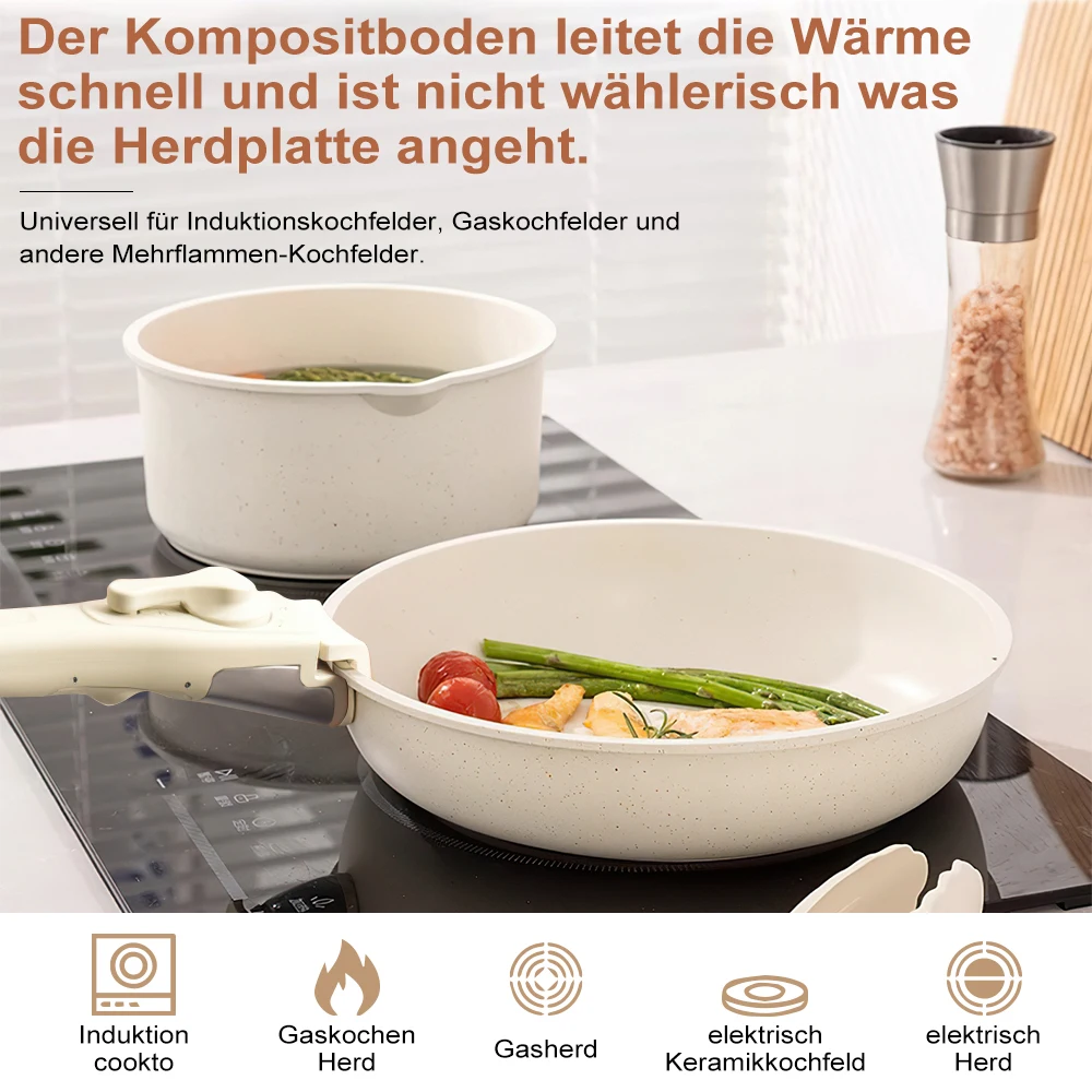 DFITO 5-teiliges/17-teiliges Antihaft-Kochgeschirr-Set Beige, Töpfe und Pfannen mit Abnehmbarem Griff, Platzsparendes Stapelbares Kochset, Ofenfest – Detail 9