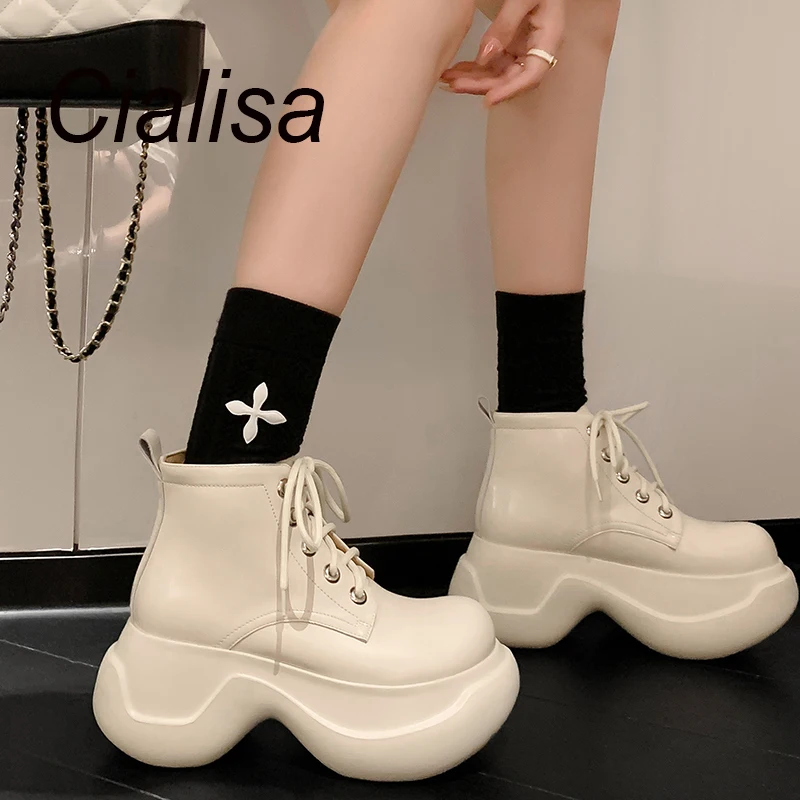 

Cialisa Platform Ankle Boots Women 2023 Autumn Winter Genuine Leather Round Toe Lace-Up Chunky Heels Shoes Lady Short Boots New
