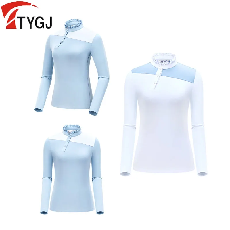 

TTYGJ Ladies Long Sleeve Sunproof Golf Shirts Patchwork Elastic Sports Tops Women Casual Ruffle Collar Anti-uv Golf Shirts