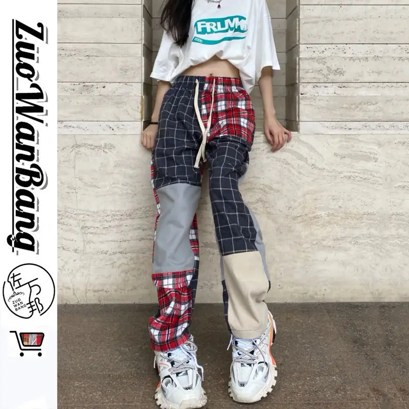 

2023 New Arrival Spring European Style Women Plaid Patchwork Ankle-length Pants Casual Loose Elastic Waist Straight Pants D19