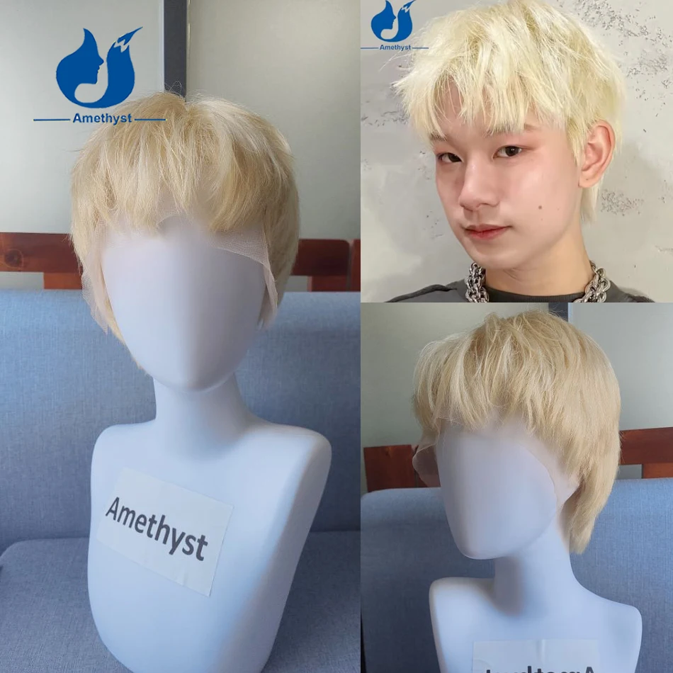 아메시스트 블론드 613 픽시컷 숏 스트레이트 가발 부드러운 인모 프리 플러킹 사이드버닝 풀 레이스 가발 (남성용)