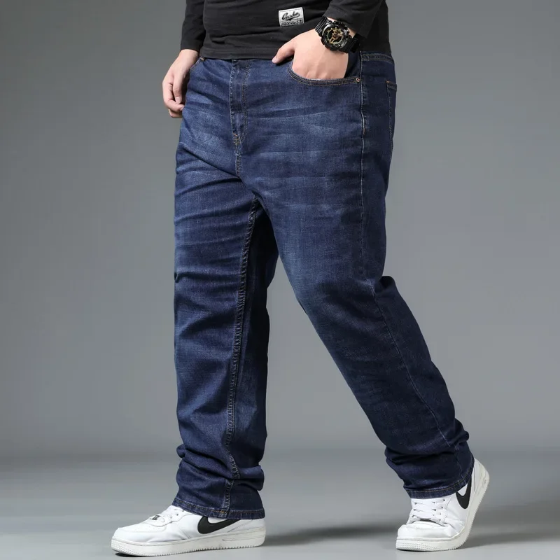 Denim Trousers Men's Large Size Jeans Elastic Band 10XL Oversize High Waist Loose Pant Plus Size Fat Loose Male Denim Trouser