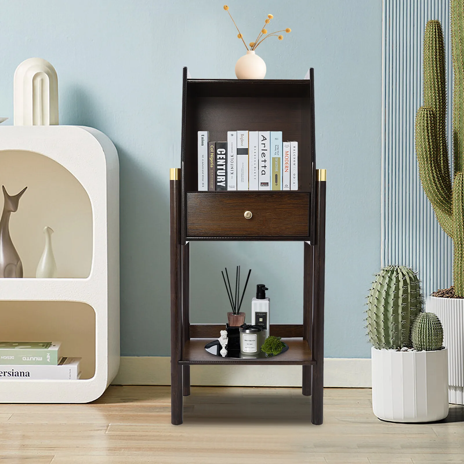 3-Tiers Bamboo Display Rack 15*10.2*35.8in Bookshelf Case With Drawer Freestanding Shelf
