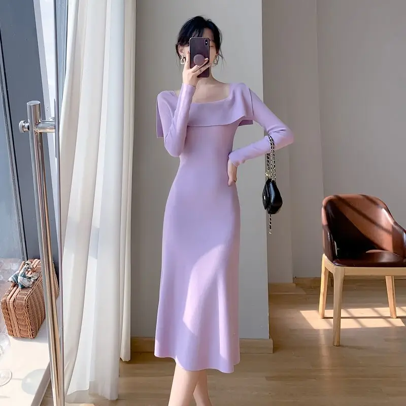 

Wholesale French Style Goddess Temperament Elegant Purple off-Neck Knitted for Women 2024 New Inner Wear Base Dress