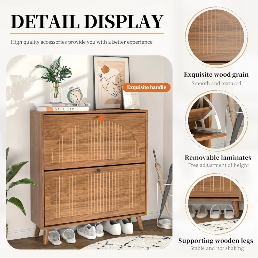 Shoe Storage Cabinet for Entryway with 2 Flip Drawers, Narrow Wood Shoe Cabinet with Fluted Panel, 4