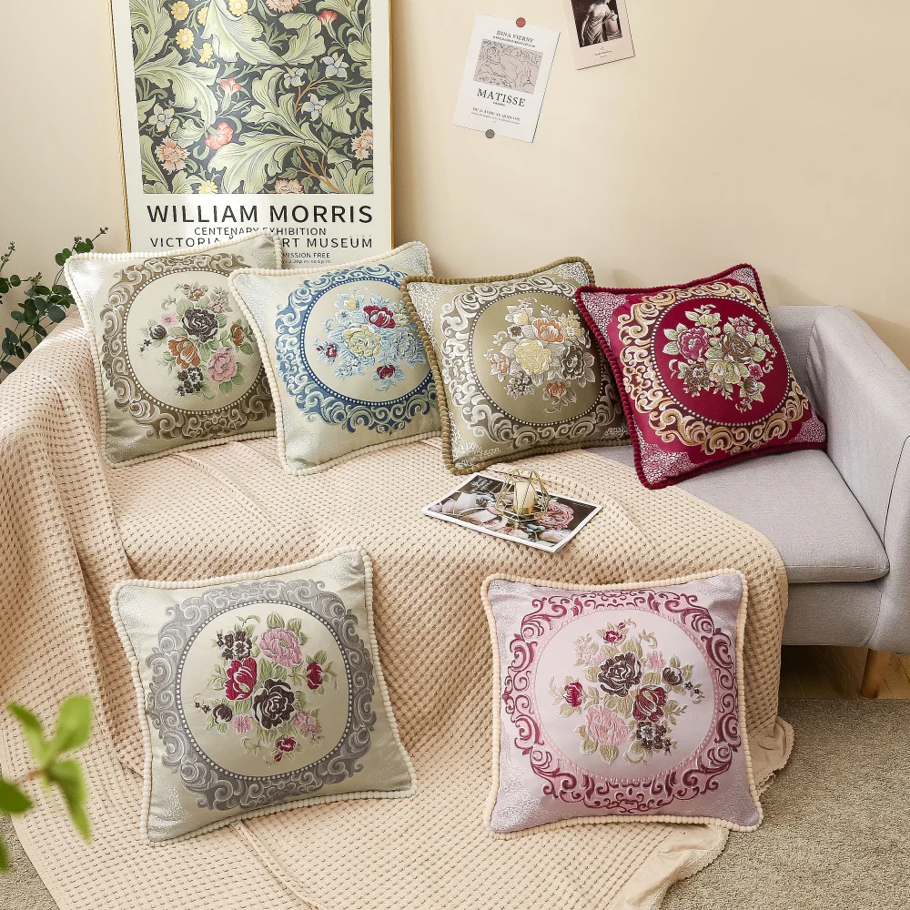 

European Embroidered Pillowcase Jacquard Beaded Cushion Cover Sofa Bed Throw Pillow Case Nordic Flowers Livingroom Decoration