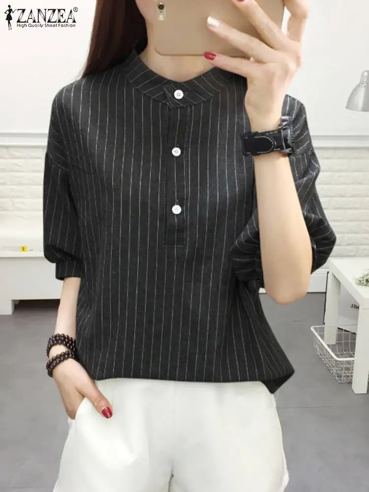 

Женская летняя полосатая блузка ZANZEA 2024, модная офисная рубашка с коротким рукавом, туника, топы, элегантные блузы на пуговицах, Повседневная рубашка