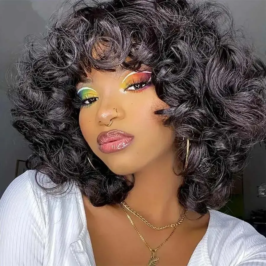 

Glueless Bouncy Curly Bob Wigs Afro Rose Curly Wig With Bangs Full Machine Made 200 Density Curly Human Hair Wig For Black Women