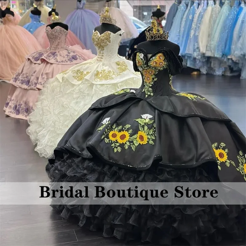 

Luxury Mexican 2204 Black Ball Gown Quinceanera Dresses Sunflowers Embroidery Appliques Crystals Ruffles Sweet 16 Prom Party