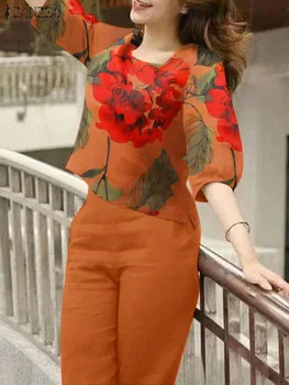 2025 Summer Floral Tracksuits ZANZEA Bohemain Female Blouse Pant Sets Women Fashion Printed Matching Sets Elegant OL Work Suits 1