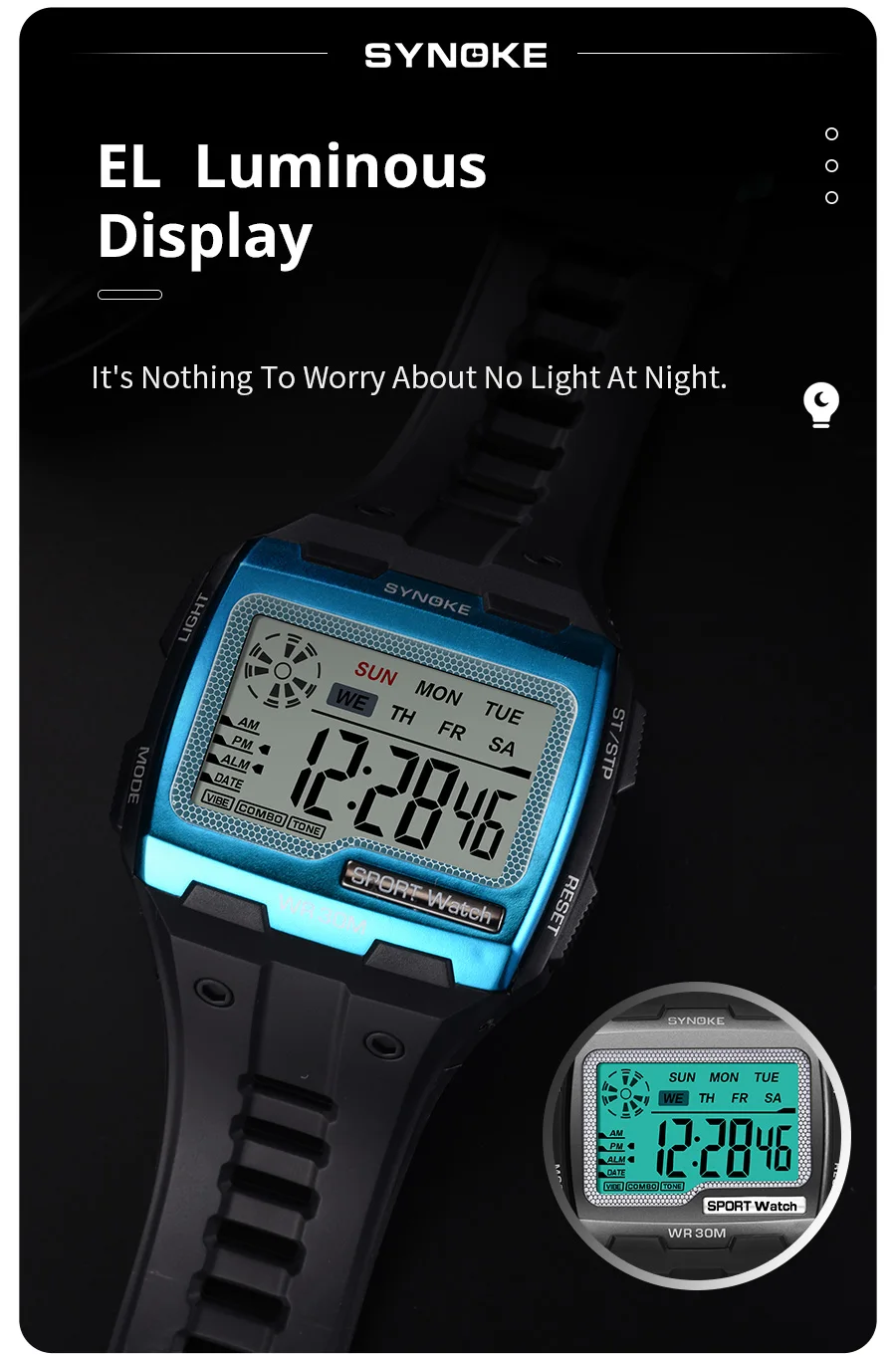 Synoke digitaluhr für männer große zahlen leicht zu lesen 3atm wasserfeste männer digitaluhr outdoor sport leuchtende funktion – Detail 7