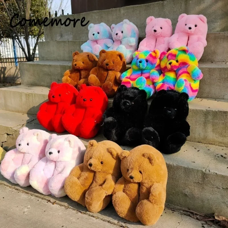 Comemore Cute Cartoon Teddy Bear Plush Cotton Flat Shoes for Girls Warm Bear Slippers Indoor Home Shoe Slides Comfortable Furry