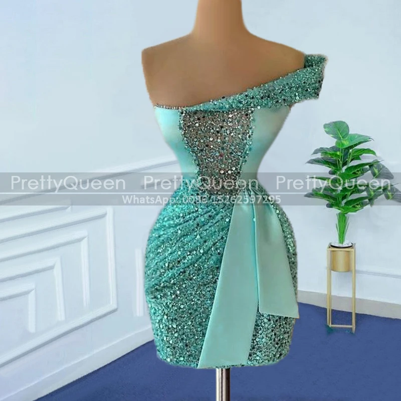 

Luxury Heavily Beaded Short Prom Dresses One Shoulder Sheath Aqua Sequins Mini Formal Party Dress For Women