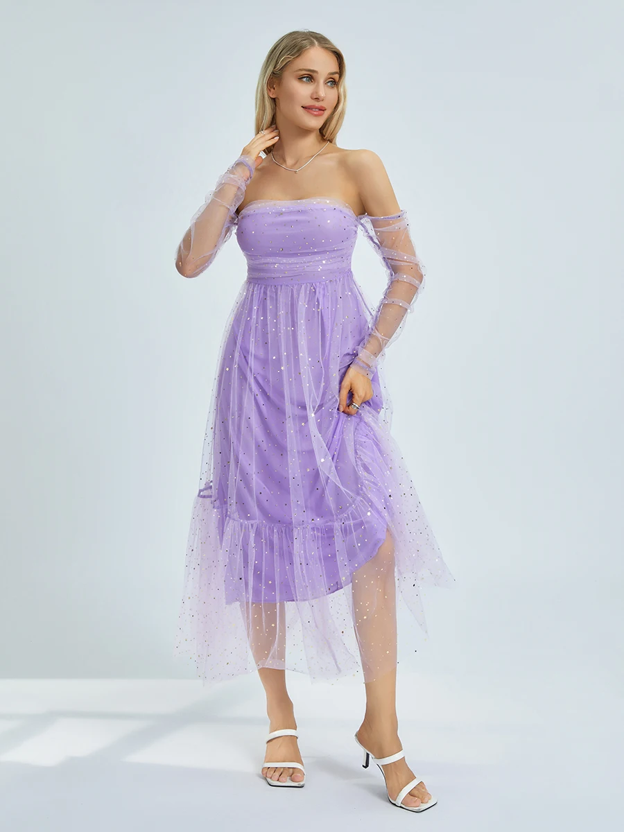 Women Long Evening Gown Dress Sequins Boat Neck Off Shoulder Long Sleeve Cocktail Dress Mesh Backless Party A-line Dress