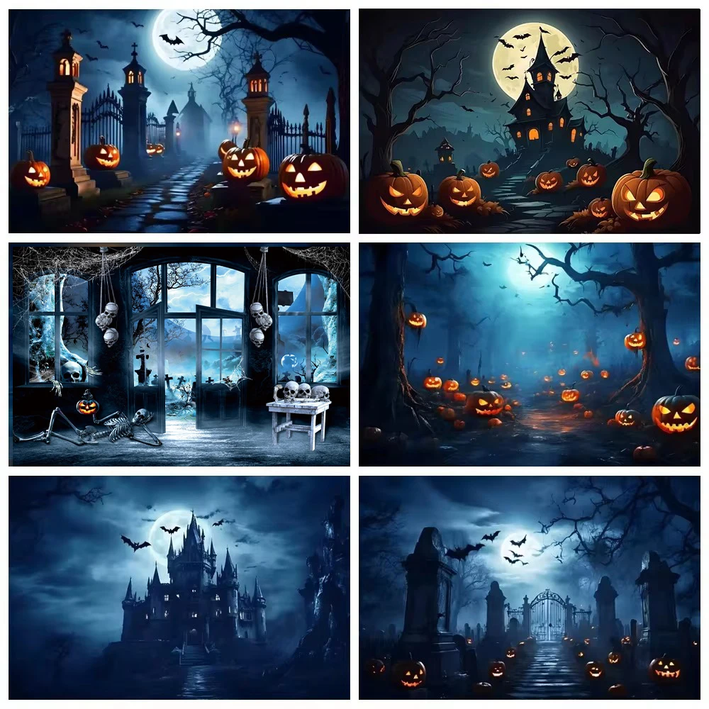 Toile De Fond Halloween Forêt Hantée Citrouilles Lumineuses Arbre Clai