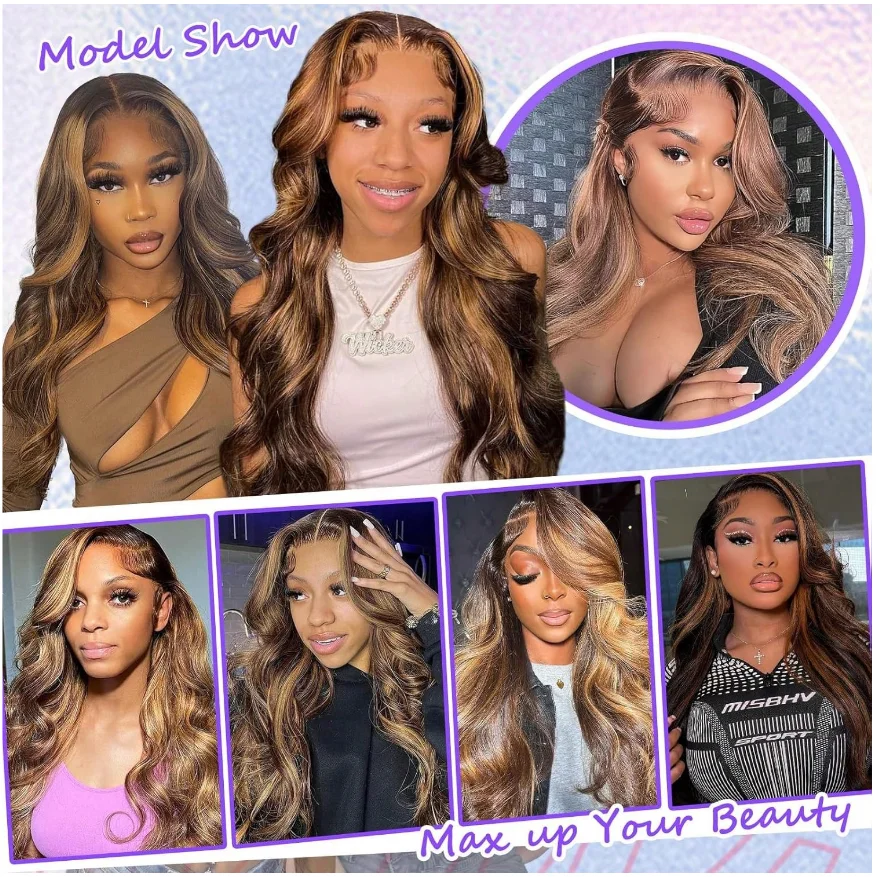 200% Density 32 Inch 4/27 Highlight Body Wave Brazilian Human Hair Wig HD Transparent 13x4 Body Wave Part Lace Front Wig