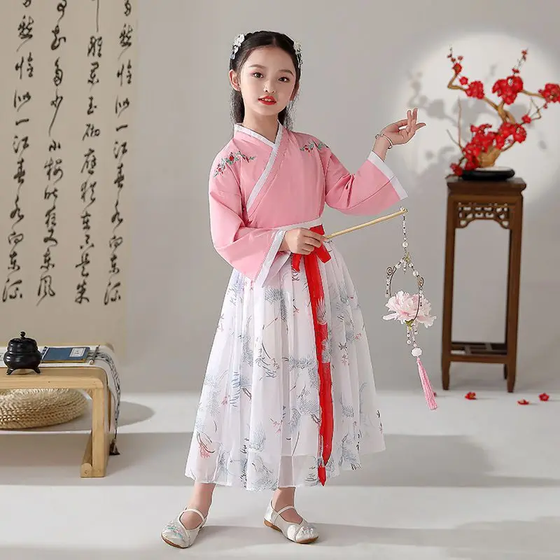 2pcs/set Girl Summer New Fairy Hanfu Top Skirt Chinese Style Embroidery Tang Suit Performance Role Play Costume