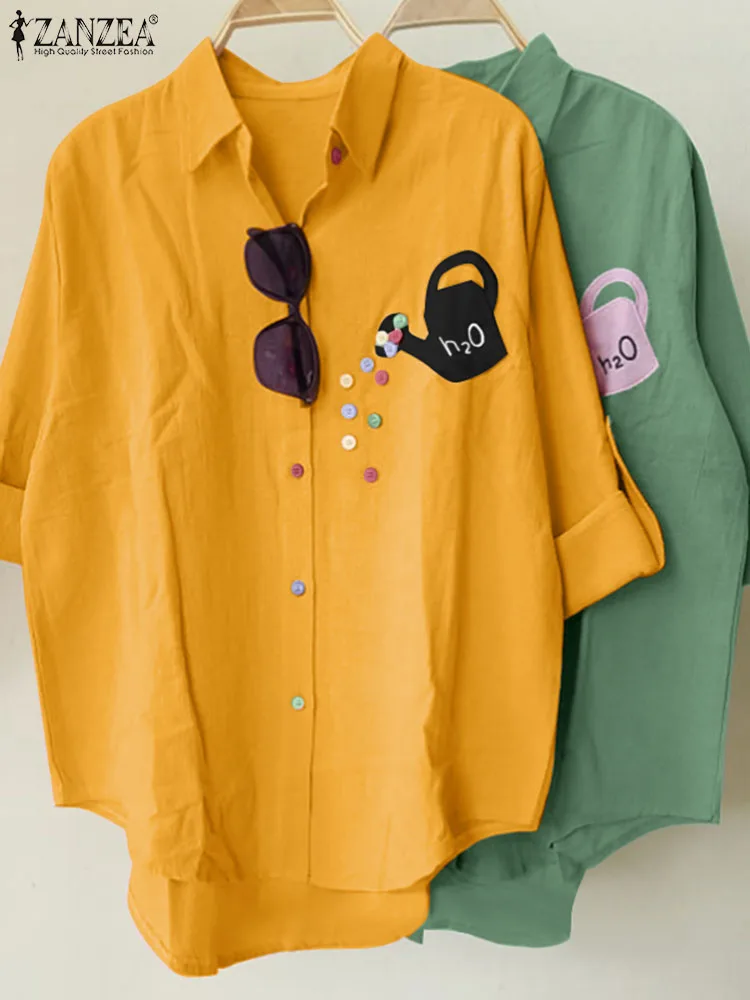 

Женская летняя блузка ZANZEA, модные рубашки с длинным рукавом, на пуговицах, повседневная свободная туника, топ 2024, элегантные женские блузы с принтом и лацканами