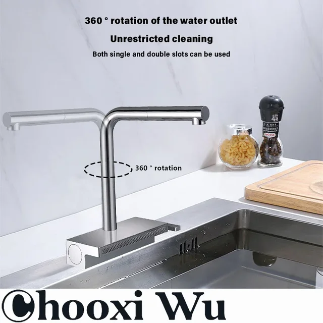 CHOOXIWU - ก๊อกน้ําน้ําตกท่อระบายน้ําสีเทา Telescopic Multi-Function อ่างล้างจานร้อนและเย็นหมุนได้ปืน 3
