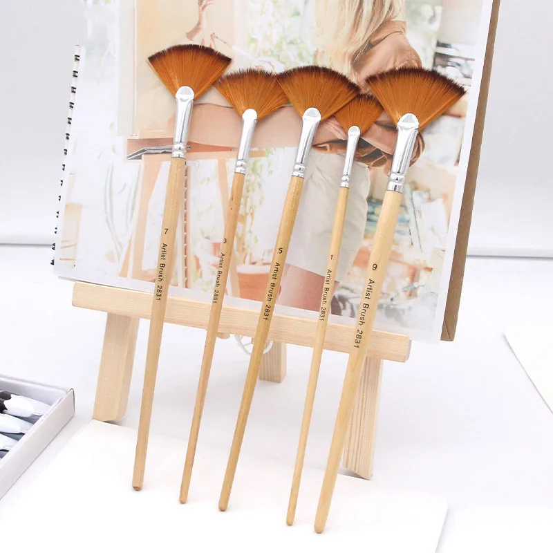 5Pcs Fan Shaped Nylon Hair Gouache Watercolor Paint Brush Set For