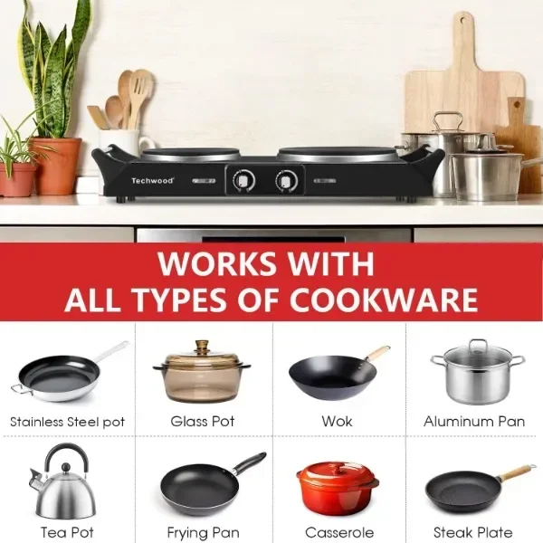 Techwood ES-3203 Hot Plate Electric Double Burner 1800W for Cooking with Adjustable Temperature & Stay Cool Handles 2