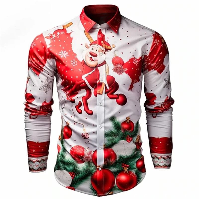 New men's shirt casual loose Christmas tree Santa Claus autumn and winter daily outing long sleeve Christmas tree
