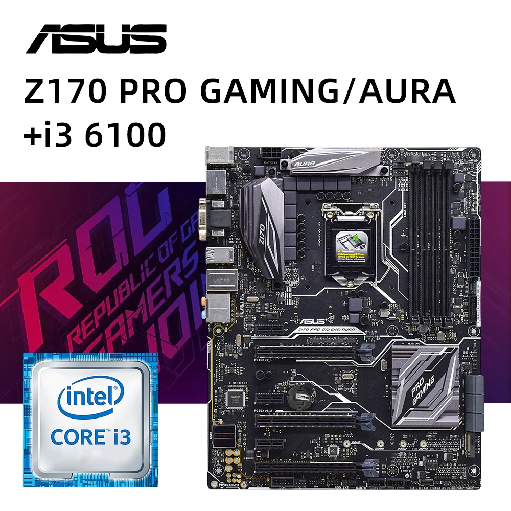 Kit Scheda Madre Lga 1151 Asua Z170 Pro Gaming /Aura + I3-6100 Cpu Usb 3.1 Sata Iii Pci-E 3.0 Hdmi M.2 Scheda Madre Intel Z170 Atx