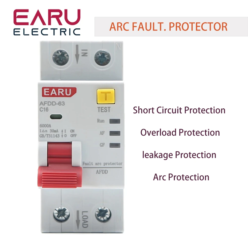 

2P AFDD-63 AFCI Arc Fault Protector Device RCBO Circuit Breaker Interrupted Overload Earth Leakage Short Circuit Protection
