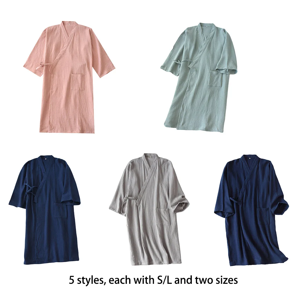 

Solid Kimono Cotton Crepe Nightgown Dressing Gown Bathrobe Half Sleeve Home Pajamas Sleepwear Dark pink Women/L