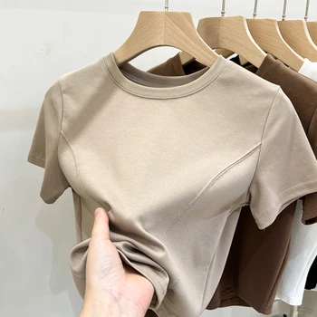 2025 الصلبة الأساسية قصيرة الأكمام المرأة التي شيرت عادية أسود أبيض قمة الموضة تي شيرت السيدات موضة الكورية تي شيرت الشارع الشهير 5