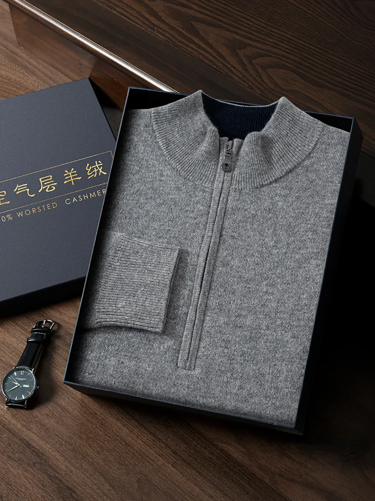 Men's 100% Cashmere Sweater Zipper Pullover Mock Neck Long Sleeve Air Layer Thickened Cashmere Knitwear Autumn Winter Clothing 2