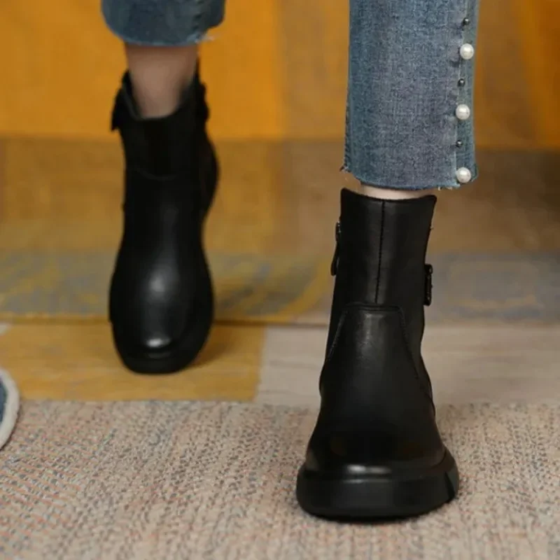 Winter Women's Shoes Leather Casual Flat Ankle Boot Female Platform Short Booties 2023 New Retro Boots for Women Autumn
