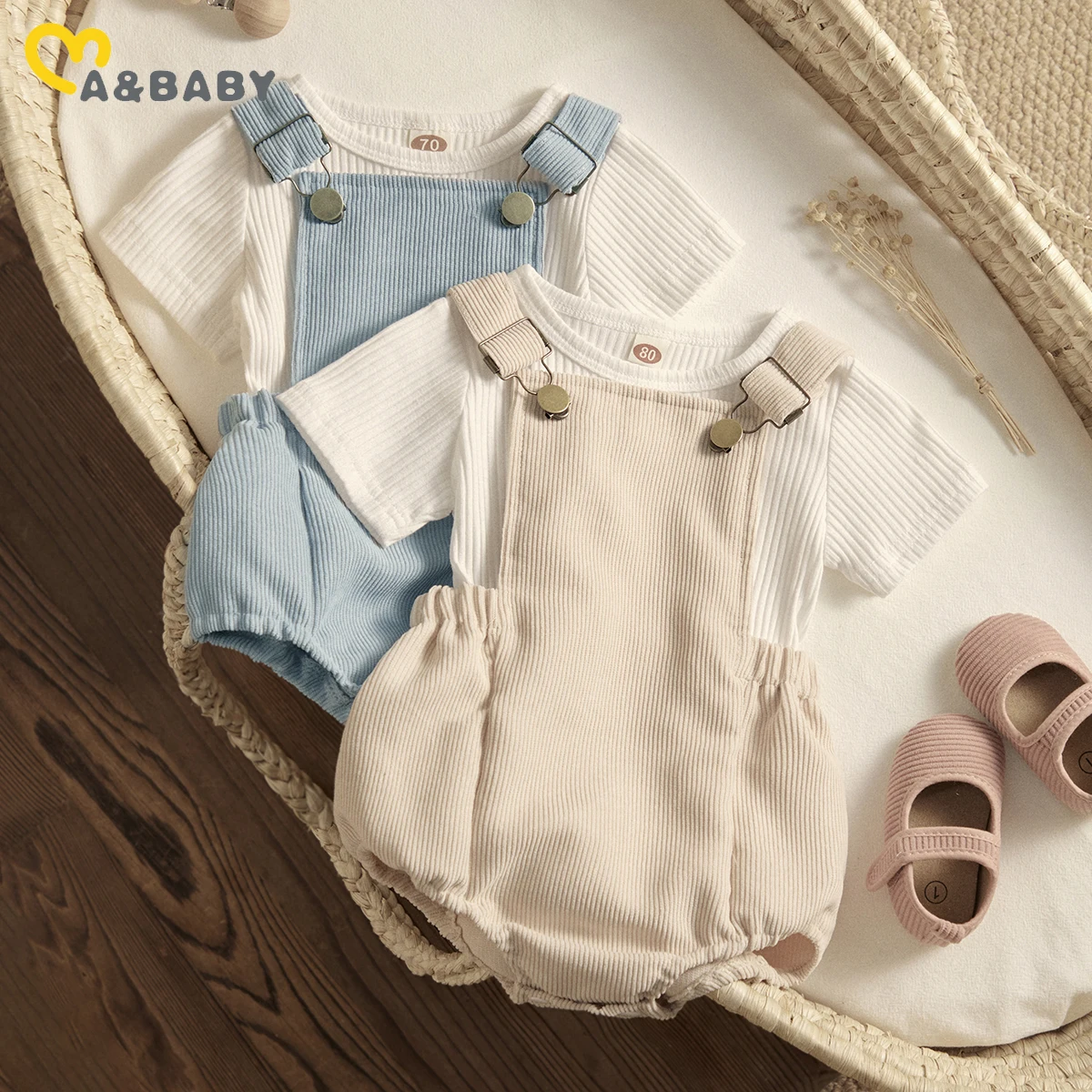 Kids Clothes Set Two Piece Set Baby Girl Clothing Set Shorts Suit 0-24M Newborn Infant Baby Boy Girl Knit Romper Button Corduroy Overall Shorts Outfit Summer