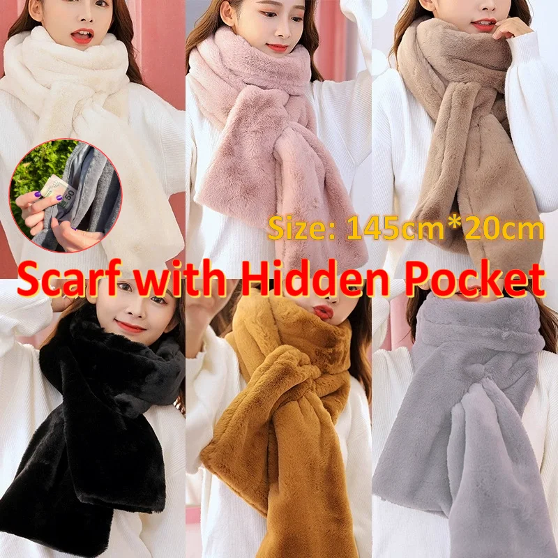 Winter Furry Scarf with Hidden Zipper Pocket Soft Comfortable Neck Protector Keep Warm Scarf Travel Scarf Solid Color Neck Wrap