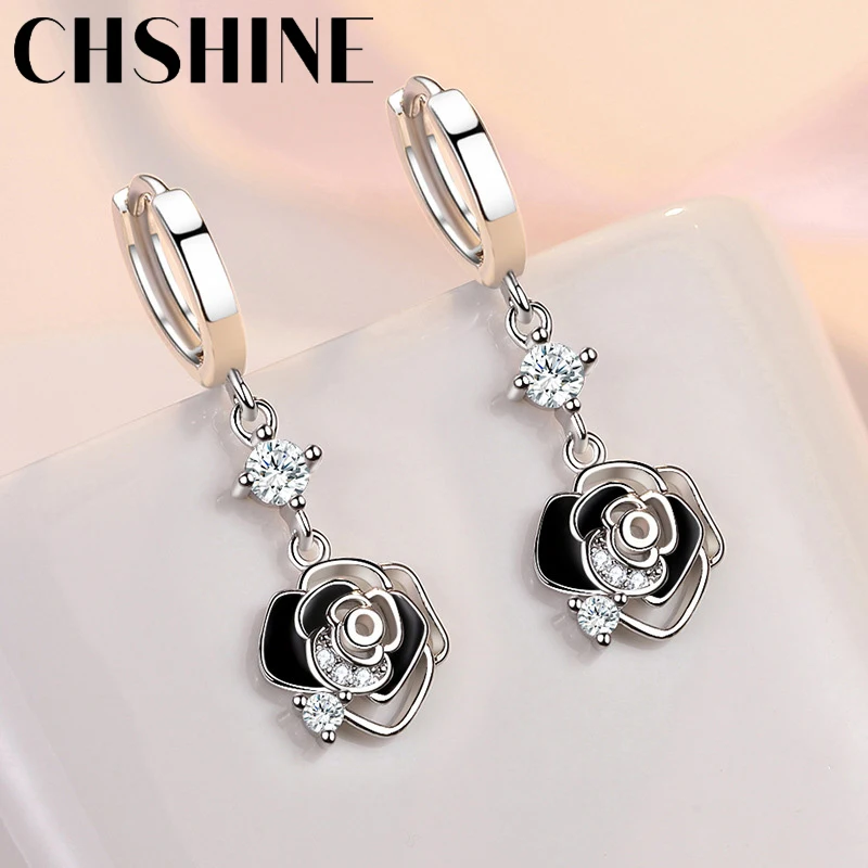 CHSHINE 925 Sterling Silver Black Rose Flower Earrings for Women's Wedding Gifts Fashion Jewelry - Image 2