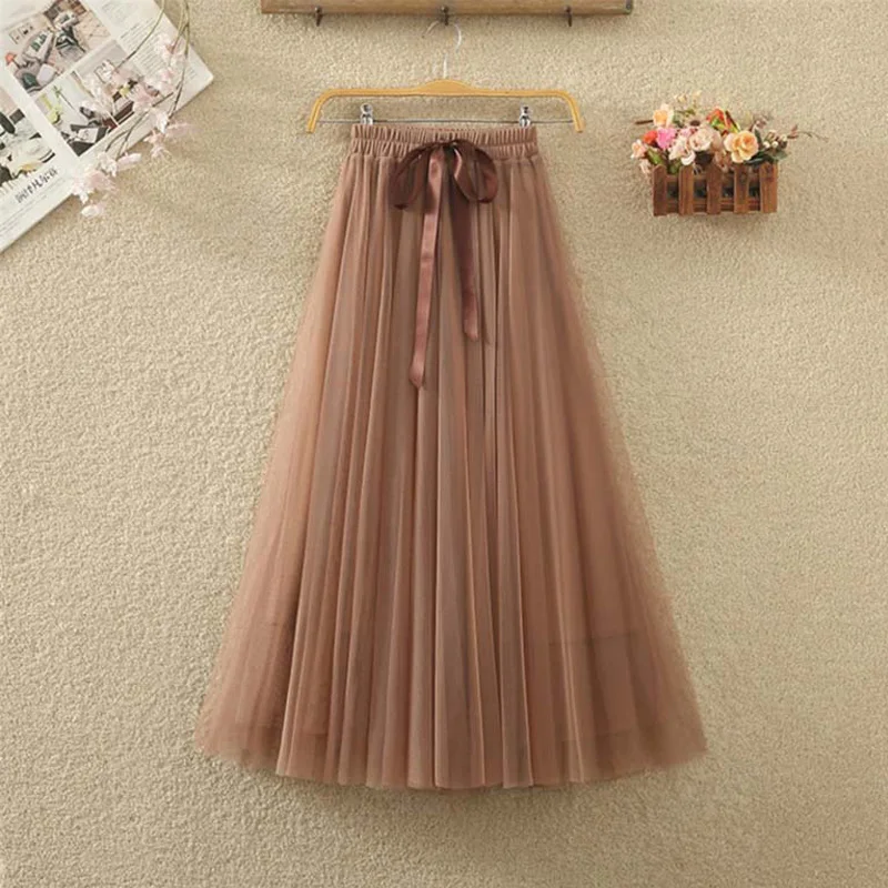 

Макси длинная тюлевая юбка на шнуровке с бантом, женская новинка 2023, осень-зима, модная юбка трапециевидной формы с высокой талией, женская милая сетчатая юбка-пачка, леди