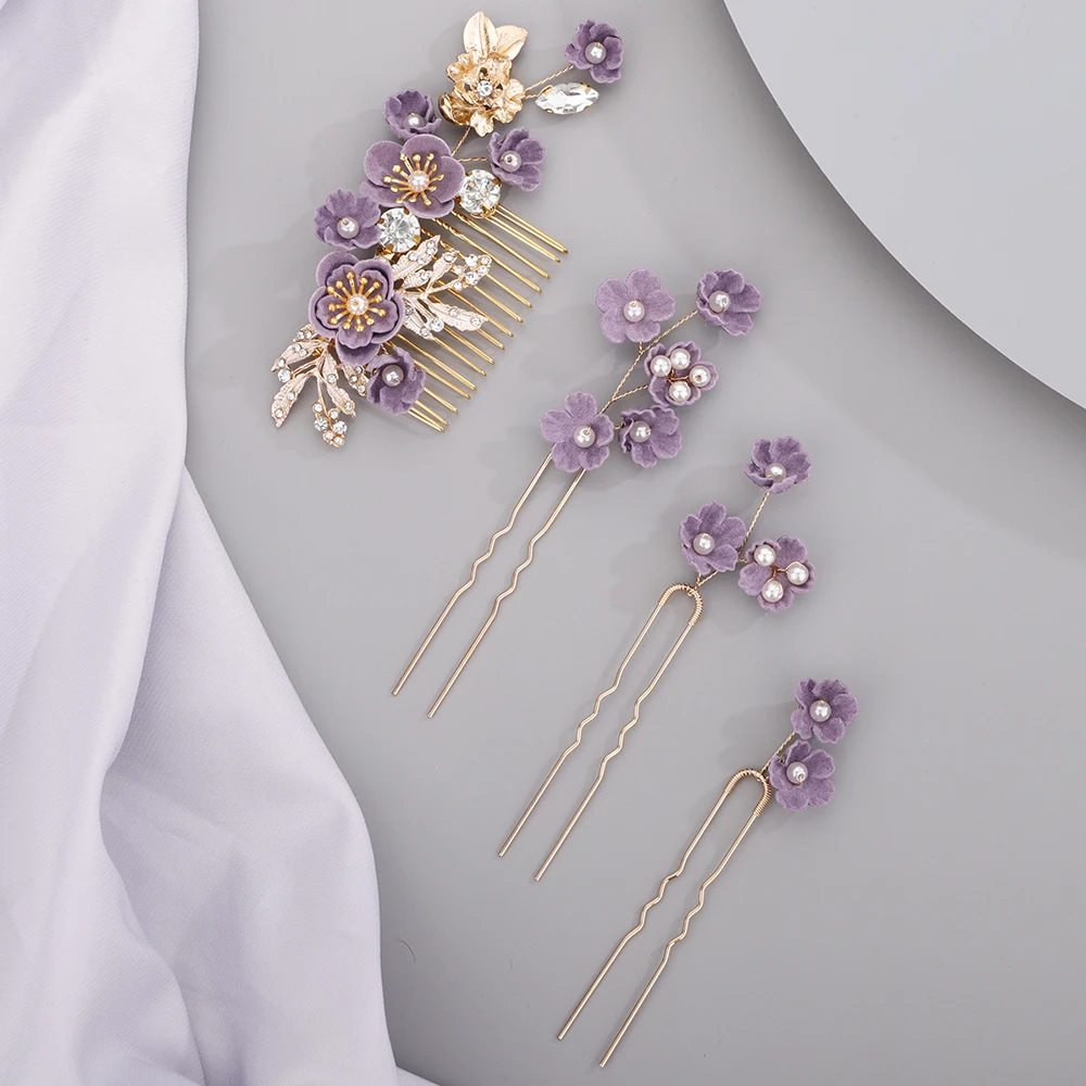 Purple Flower Headdress Set Rhinestones Hair Comb Pins Alloy Leaves Wedding Head Jewelry Bridal Hair Accessories